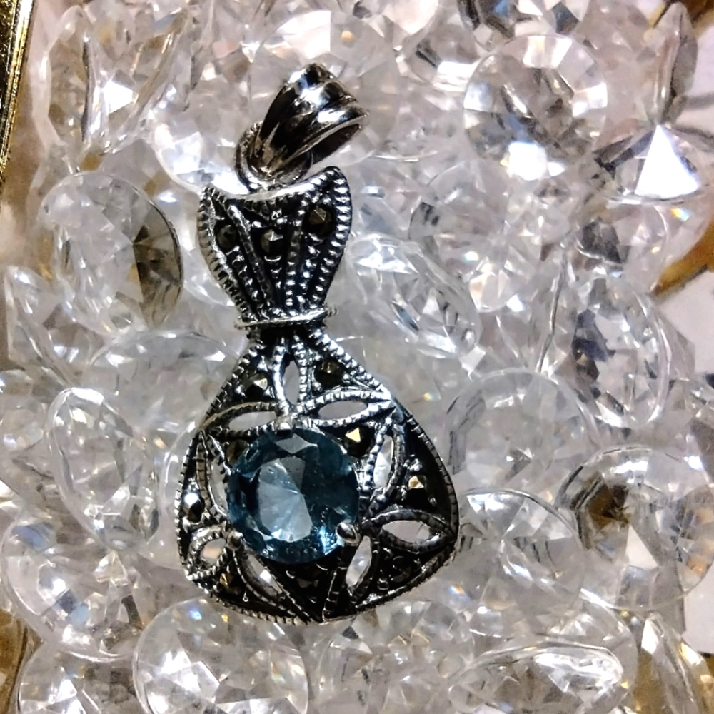 925 Sterling Silver Aquamarine Color Marcasite Mermaid Tail Pendant